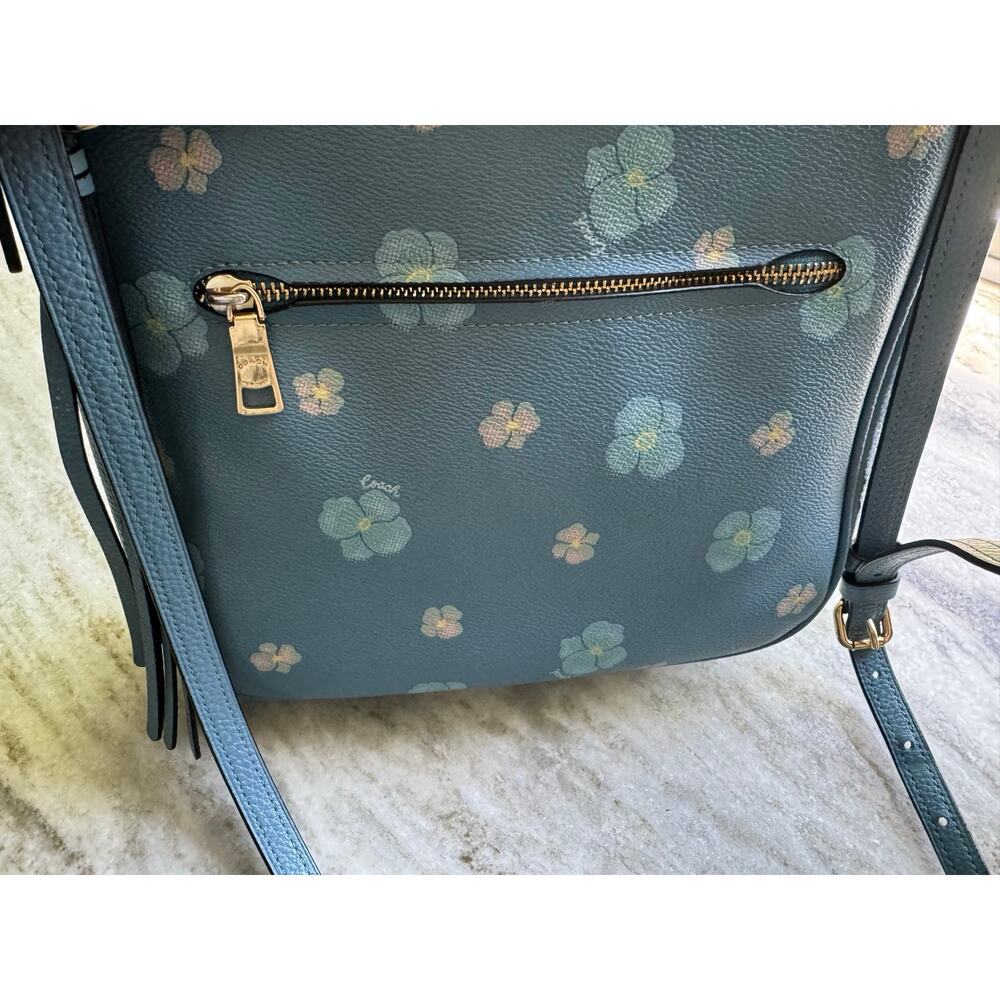 Coach Blue Chaise Pansy Floral Print Leather Adjustable Crossbody Purse Keychain - Picture 7 of 12